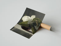 Rolled white peony in dark glass vase vintage art print poster beside its crush-resistant kraft shipping tube
