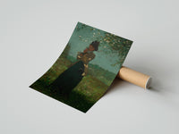 Rolled woman under a blossoming tree vintage art print poster beside its crush-resistant kraft shipping tube