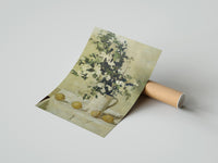 Rolled flowers and lemons still life vintage art print poster beside its crush-resistant kraft shipping tube