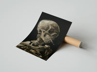 Rolled skeleton smoking a cigarette vintage art print poster beside its crush-resistant kraft shipping tube