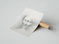 Rolled female face portrait study vintage art print poster beside its crush-resistant kraft shipping tube