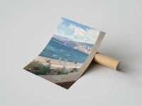 Rolled Mediterranean coastal promenade seen from balcony vintage art print poster beside its crush-resistant kraft…
