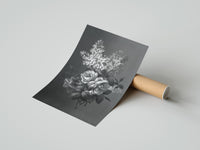 Rolled white lilac and roses bouquet vintage art print poster beside its crush-resistant kraft shipping tube