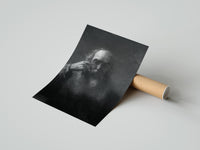 Rolled elderly bearded man in shadow vintage art print poster beside its crush-resistant kraft shipping tube