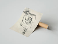 Rolled mother embracing seated daughter vintage art print poster beside its crush-resistant kraft shipping tube
