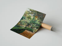 Rolled garden with palm trees and figures vintage art print poster beside its crush-resistant kraft shipping tube