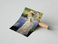 Rolled woman with a parasol beside a lily pond vintage art print poster beside its crush-resistant kraft shipping tube