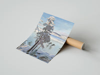 Rolled ice skaters on a frozen lake among snowy pines vintage art print poster beside its crush-resistant kraft shipping tube