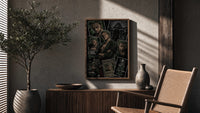 Roronoa Zoro One Piece Wanted framed poster poster framed above a fluted sideboard beside an olive tree
