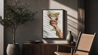 Martini Glass in Hand poster framed above a fluted sideboard beside a potted tree