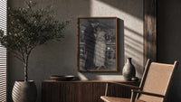 couple embracing on a night balcony vintage art print poster framed above a fluted sideboard beside an olive tree