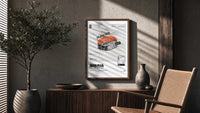 SEAxFOOD Market Original Salmon Sushi poster framed above a fluted sideboard beside a potted tree