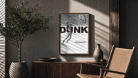 Basketball Dunk Motivation poster framed above a fluted sideboard beside a potted tree