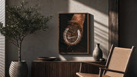 Nike Horse Hoof Swoosh Equestrian poster framed above a fluted sideboard beside a potted tree