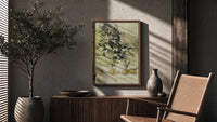 flowers and lemons still life vintage art print poster framed above a fluted sideboard beside an olive tree