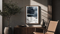 Drake Views CN Tower Tracklist poster framed above a fluted sideboard beside a potted tree