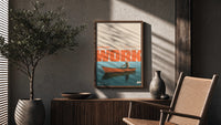 Slow Day at Work Gone Fishing poster framed above a fluted sideboard beside a potted tree