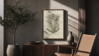 cactus with flowers vintage art print poster framed above a fluted sideboard beside an olive tree