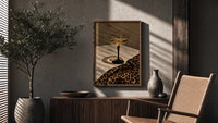 Champagne Coupe with Leopard Print poster framed above a fluted sideboard beside a potted tree