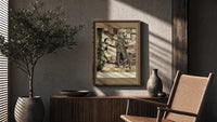 Arthur Rackham Scrooge and Cratchit poster framed above a fluted sideboard beside a potted tree