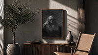 elderly bearded man in shadow vintage art print poster framed above a fluted sideboard beside an olive tree