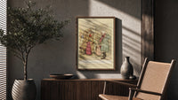 Arthur Rackham Laden with Toys poster framed above a fluted sideboard beside a potted tree