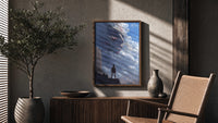 Attack on Titan Colossal framed poster poster framed above a fluted sideboard beside an olive tree