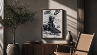 Nike x KAWS Air Force 1 poster framed above a fluted sideboard beside a potted tree