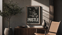 Dennis Rodman Hustle Basketball poster framed above a fluted sideboard beside a potted tree