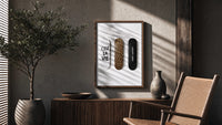Saint Laurent Cest La Vie Skateboards framed poster poster framed above a fluted sideboard beside an olive tree