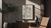 three horses vintage art print poster framed above a fluted sideboard beside an olive tree