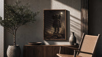 KAWS Companion Desert Moon Monochrome poster framed above a fluted sideboard beside a potted tree