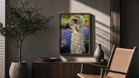 woman with a parasol beside a lily pond vintage art print poster framed above a fluted sideboard beside an olive tree