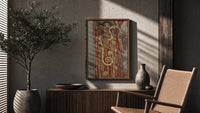Klimt's Hygieia with gold serpent vintage art print poster framed above a fluted sideboard beside an olive tree