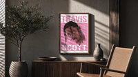 Travis Scott Cactus Jack Portrait poster framed above a fluted sideboard beside a potted tree