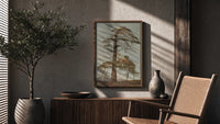 gnarled windblown pine tree against sky vintage art print poster framed above a fluted sideboard beside an olive tree