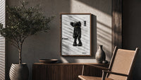 KAWS Companion Passing Through framed poster poster framed above a fluted sideboard beside an olive tree