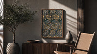 William Morris Kennet poster framed above a fluted sideboard beside a potted tree
