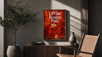 Off the Beaten Path KAWS-Inspired Red Plush poster framed above a fluted sideboard beside a potted tree