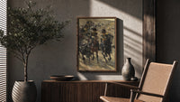 cavalry soldiers on horseback vintage art print poster framed above a fluted sideboard beside an olive tree