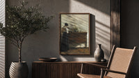 woman reading at a dresser in a quiet interior vintage art print poster framed above a fluted sideboard beside an olive tree