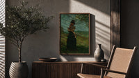 woman under a blossoming tree vintage art print poster framed above a fluted sideboard beside an olive tree