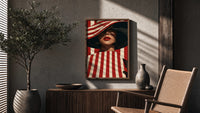 Red Stripes and a Wide Hat poster framed above a fluted sideboard beside a potted tree