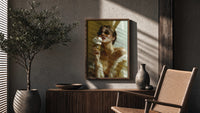 Louis Vuitton Gold Ice Cream poster framed above a fluted sideboard beside a potted tree