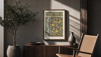 Art Nouveau botanical pattern with gourds and flowers vintage art print poster framed above a fluted sideboard beside an…
