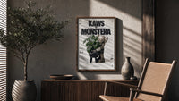 KAWS Companion Monstera Nike framed poster poster framed above a fluted sideboard beside an olive tree