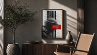 Hypebeast Motivational Portrait Glitch poster framed above a fluted sideboard beside a potted tree