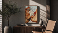 Luxury Fragrance Portrait framed poster poster framed above a fluted sideboard beside an olive tree
