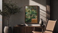 garden with palm trees and figures vintage art print poster framed above a fluted sideboard beside an olive tree