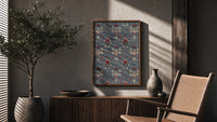 William Morris Snakeshead poster framed above a fluted sideboard beside a potted tree